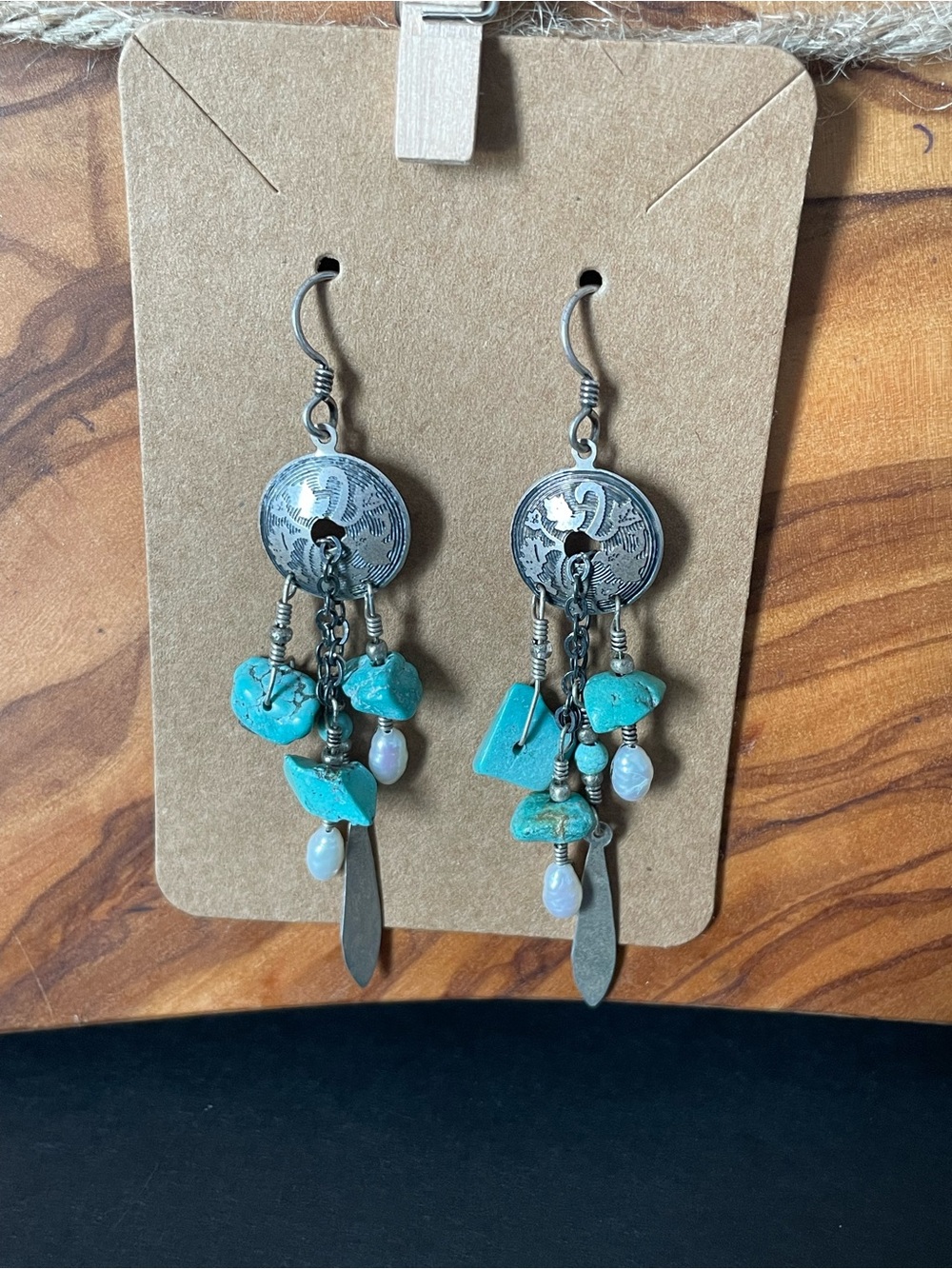 Turquoise Chip Dangle Earrings with Silver Discs - Unbranded
